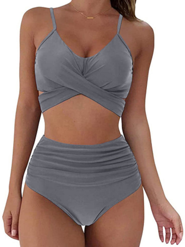 Swimwear- Floral High-Waist Swimwear 2-Piece Tankini- Grey- IndioGear Women Clothing