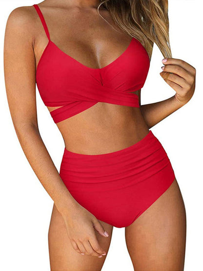 Swimwear- Floral High-Waist Swimwear 2-Piece Tankini- Red- IndioGear Women Clothing