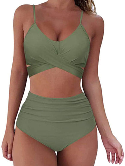 Swimwear- Floral High-Waist Swimwear 2-Piece Tankini- Olive green- IndioGear Women Clothing