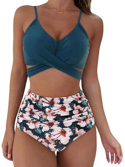 Swimwear- Floral High-Waist Swimwear 2-Piece Tankini- Blue- IndioGear Women Clothing