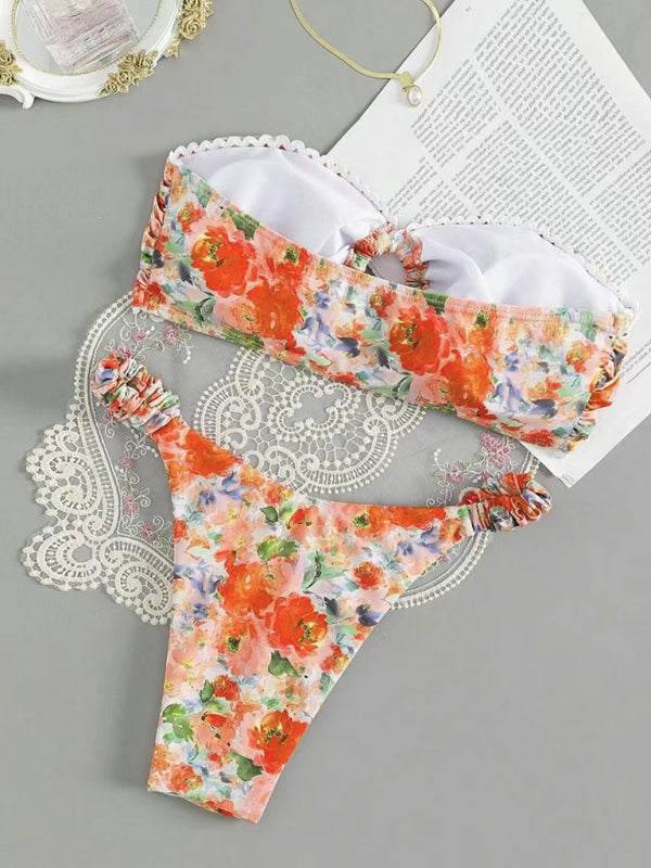 Swimwear- Floral Paisley Bandeau Swim Set 2-Piece Beachwear- - IndioGear Women Clothing