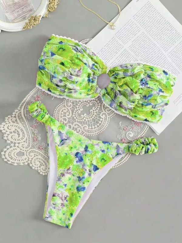 Swimwear- Floral Paisley Bandeau Swim Set 2-Piece Beachwear- Green- IndioGear Women Clothing