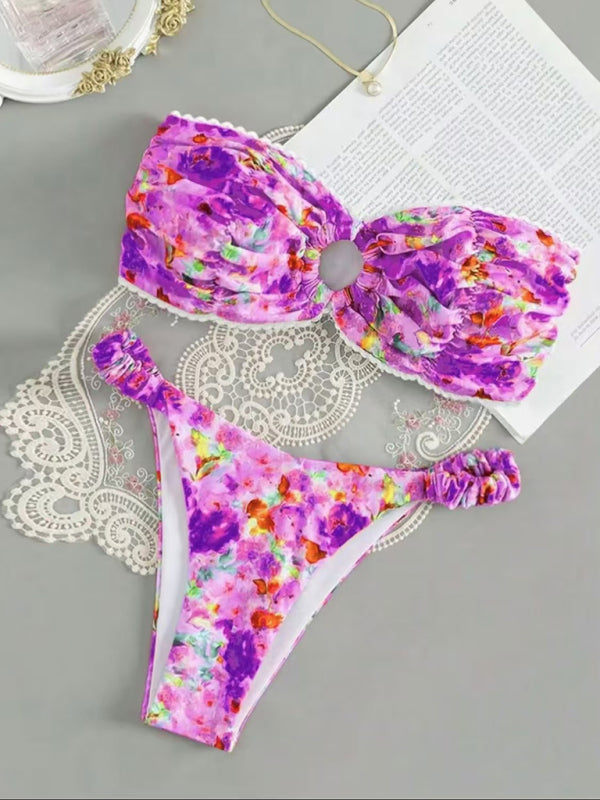 Swimwear- Floral Paisley Bandeau Swim Set 2-Piece Beachwear- Purple- IndioGear Women Clothing