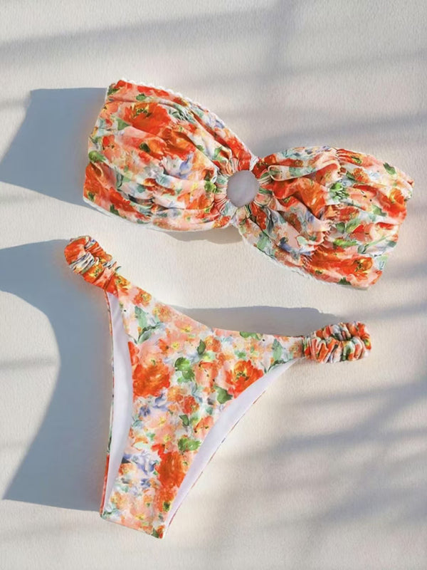 Swimwear- Floral Paisley Bandeau Swim Set 2-Piece Beachwear- Orange- IndioGear Women Clothing