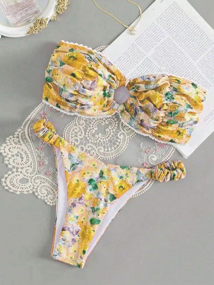 Swimwear- Floral Paisley Bandeau Swim Set 2-Piece Beachwear- Yellow- IndioGear Women Clothing