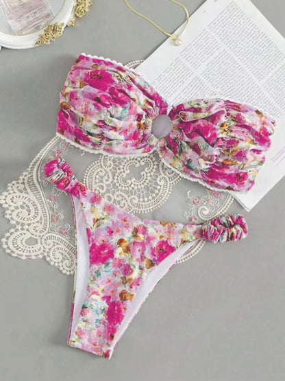 Swimwear- Floral Paisley Bandeau Swim Set 2-Piece Beachwear- Rose- IndioGear Women Clothing