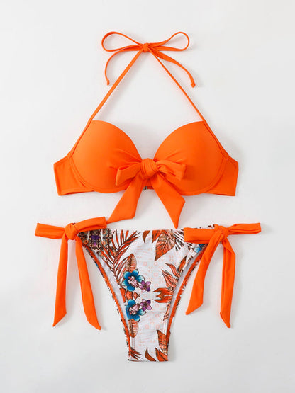 Swimwear- Floral Push-Up Bikini Tie-Side Color Block Swimsuit- - IndioGear Women Clothing