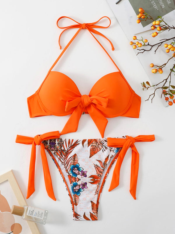 Swimwear- Floral Push-Up Bikini Tie-Side Color Block Swimsuit- - IndioGear Women Clothing