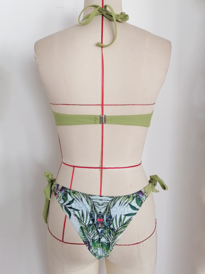 Swimwear- Floral Push-Up Bikini Tie-Side Color Block Swimsuit- Pea green grey- IndioGear Women Clothing