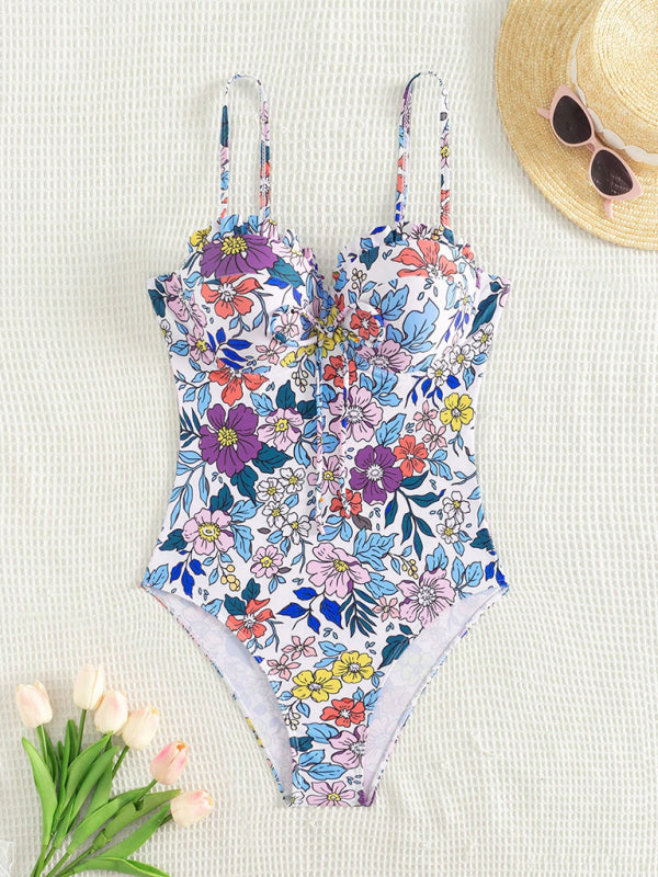 Swimwear- Floral Push-Up Swimwear One-Piece Bustier Bathing Suit- - IndioGear Women Clothing