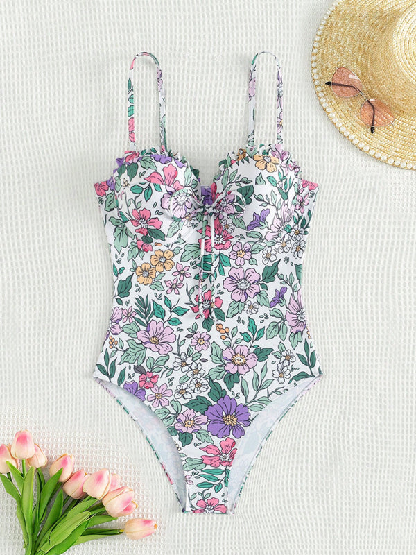 Swimwear- Floral Push-Up Swimwear One-Piece Bustier Bathing Suit- - IndioGear Women Clothing