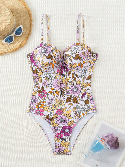 Swimwear- Floral Push-Up Swimwear One-Piece Bustier Bathing Suit- - IndioGear Women Clothing