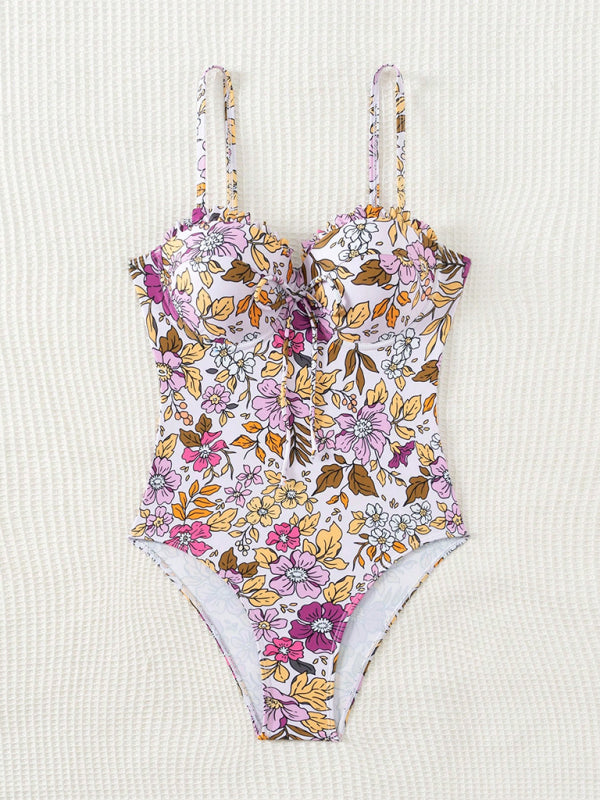 Swimwear- Floral Push-Up Swimwear One-Piece Bustier Bathing Suit- - IndioGear Women Clothing