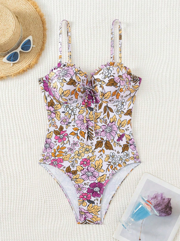 Swimwear- Floral Push-Up Swimwear One-Piece Bustier Bathing Suit- - IndioGear Women Clothing