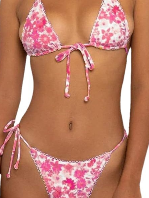 Swimwear- Floral Triangle Bra & String Bikini Set for Vacation- Pink purple- IndioGear.com