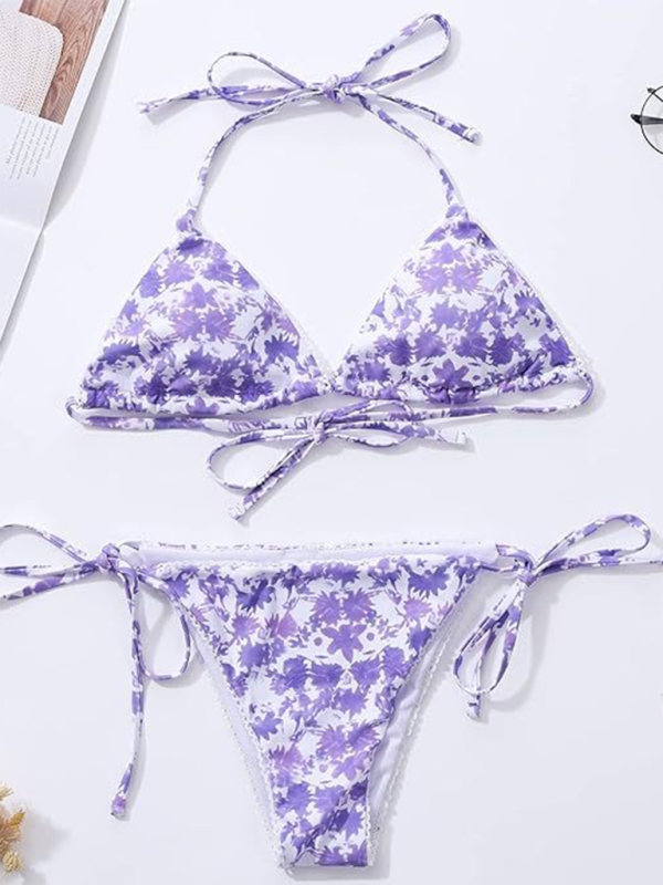 Swimwear- Floral Triangle Bra & String Bikini Set for Vacation- - IndioGear.com