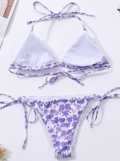 Swimwear- Floral Triangle Bra & String Bikini Set for Vacation- - IndioGear.com