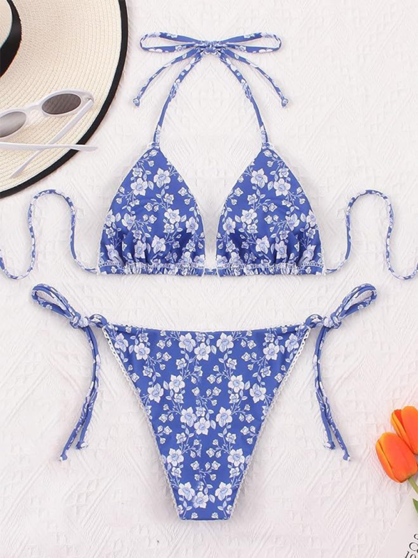 Swimwear- Floral Triangle Bra & String Bikini Set for Vacation- - IndioGear.com