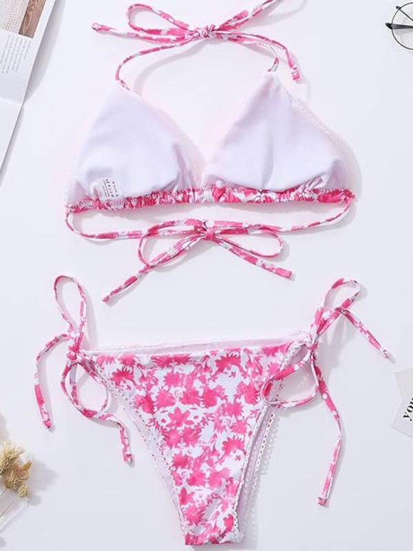 Swimwear- Floral Triangle Bra & String Bikini Set for Vacation- - IndioGear.com