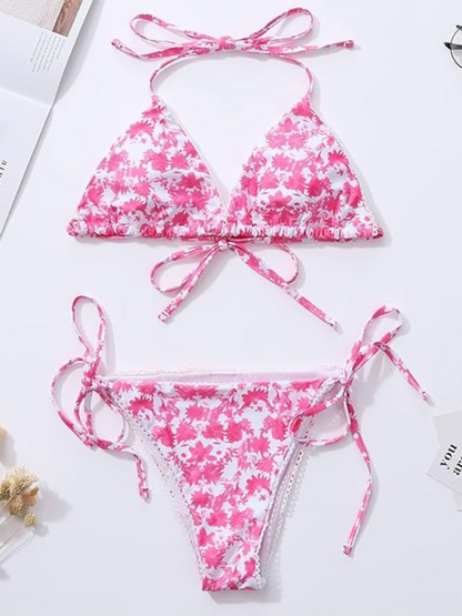 Swimwear- Floral Triangle Bra & String Bikini Set for Vacation- - IndioGear.com