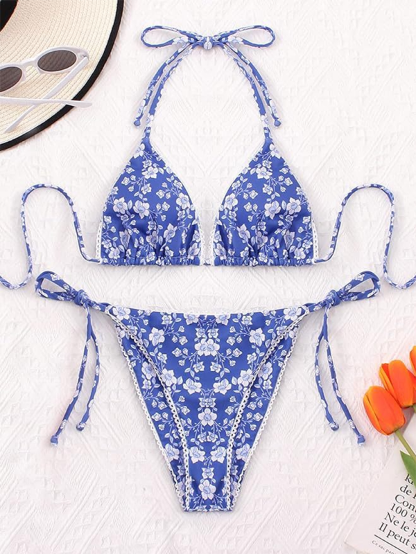 Swimwear- Floral Triangle Bra & String Bikini Set for Vacation- - IndioGear.com