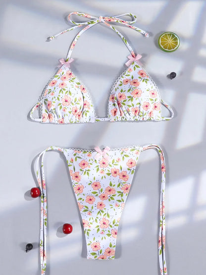 Swimwear- Floral and Plaid String Bikini - Cherry Print 2 Piece Swimwear- Coral Floral- IndioGear.com