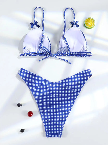 Swimwear- Floral and Plaid String Bikini - Cherry Print 2 Piece Swimwear- - IndioGear.com