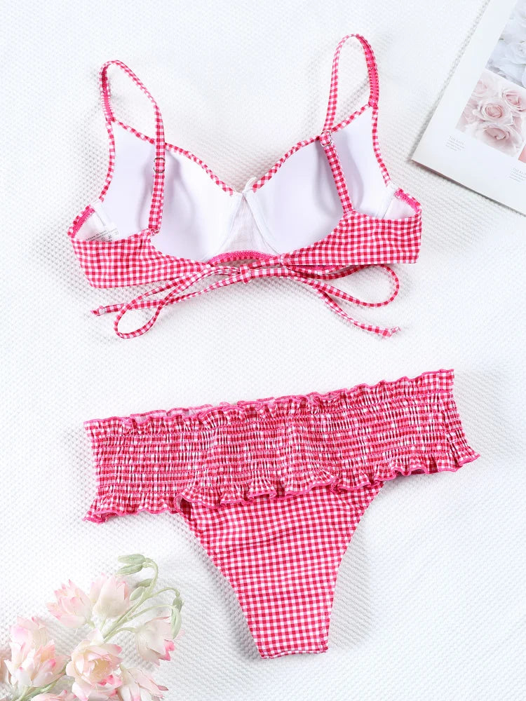 Swimwear- Floral and Plaid String Bikini - Cherry Print 2 Piece Swimwear- - IndioGear.com