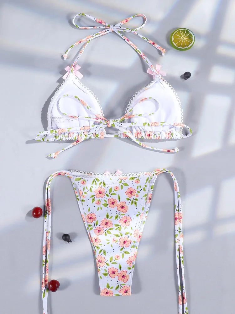 Swimwear- Floral and Plaid String Bikini - Cherry Print 2 Piece Swimwear- - IndioGear.com