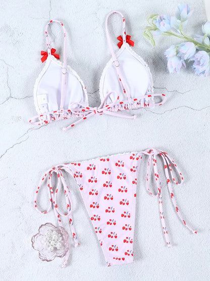 Swimwear- Floral and Plaid String Bikini - Cherry Print 2 Piece Swimwear- - IndioGear.com