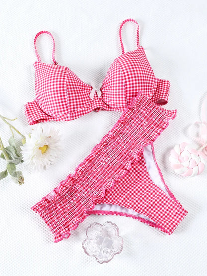 Swimwear- Floral and Plaid String Bikini - Cherry Print 2 Piece Swimwear- Red Plaid- IndioGear.com