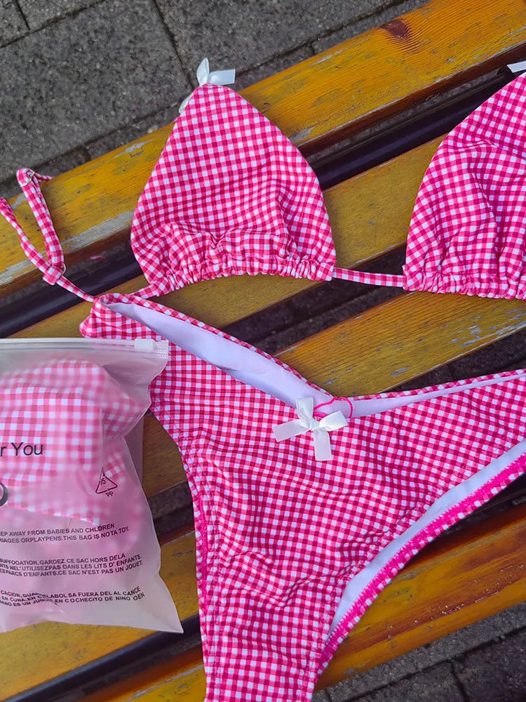 Swimwear- Floral and Plaid String Bikini - Cherry Print 2 Piece Swimwear- Pink- IndioGear.com