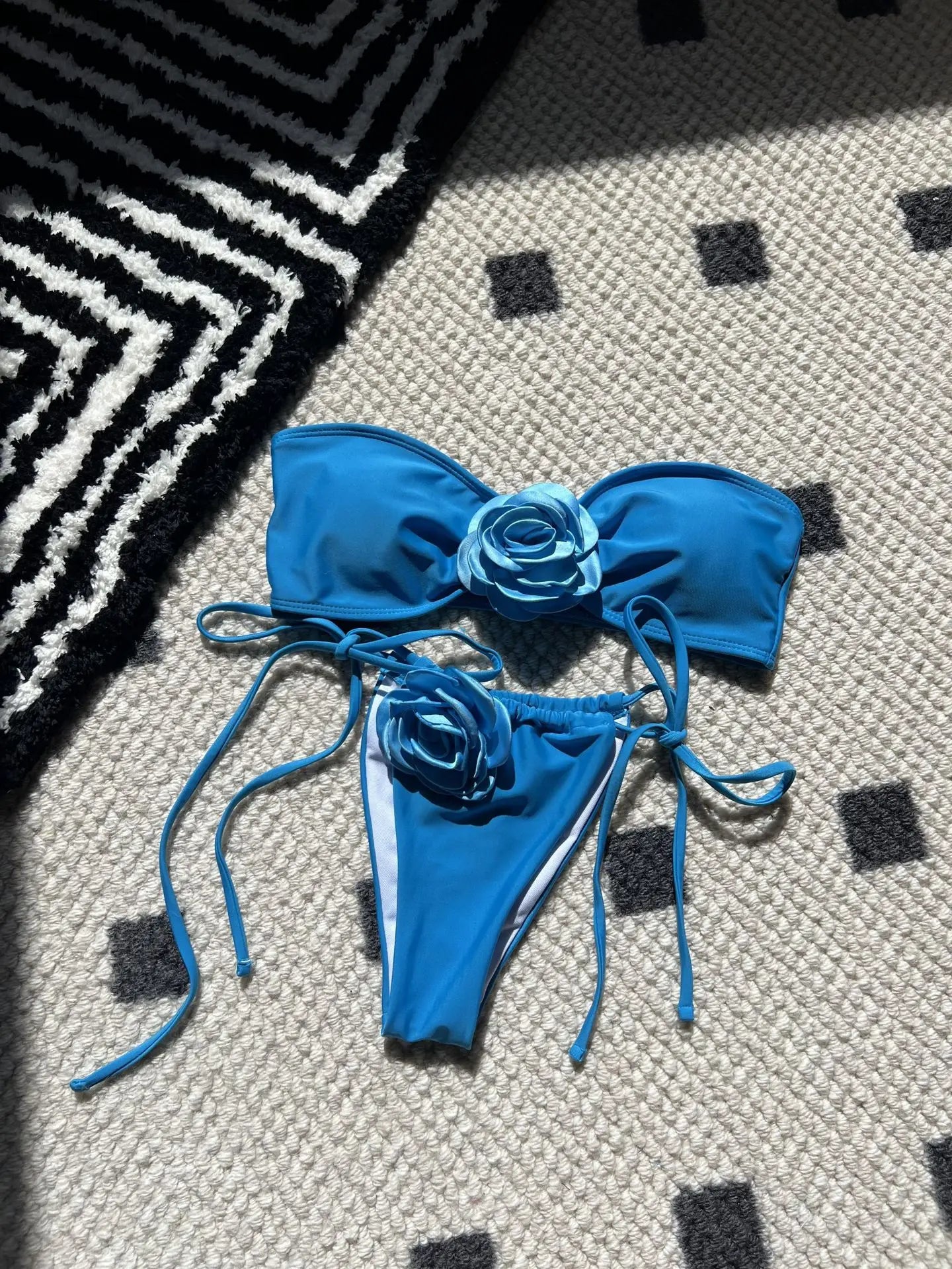 Swimwear- Flower Appliqué Bandeau Bra & Tie-Side Bikini 2 Piece Set for Women- Blue- IndioGear Fashion and Gear