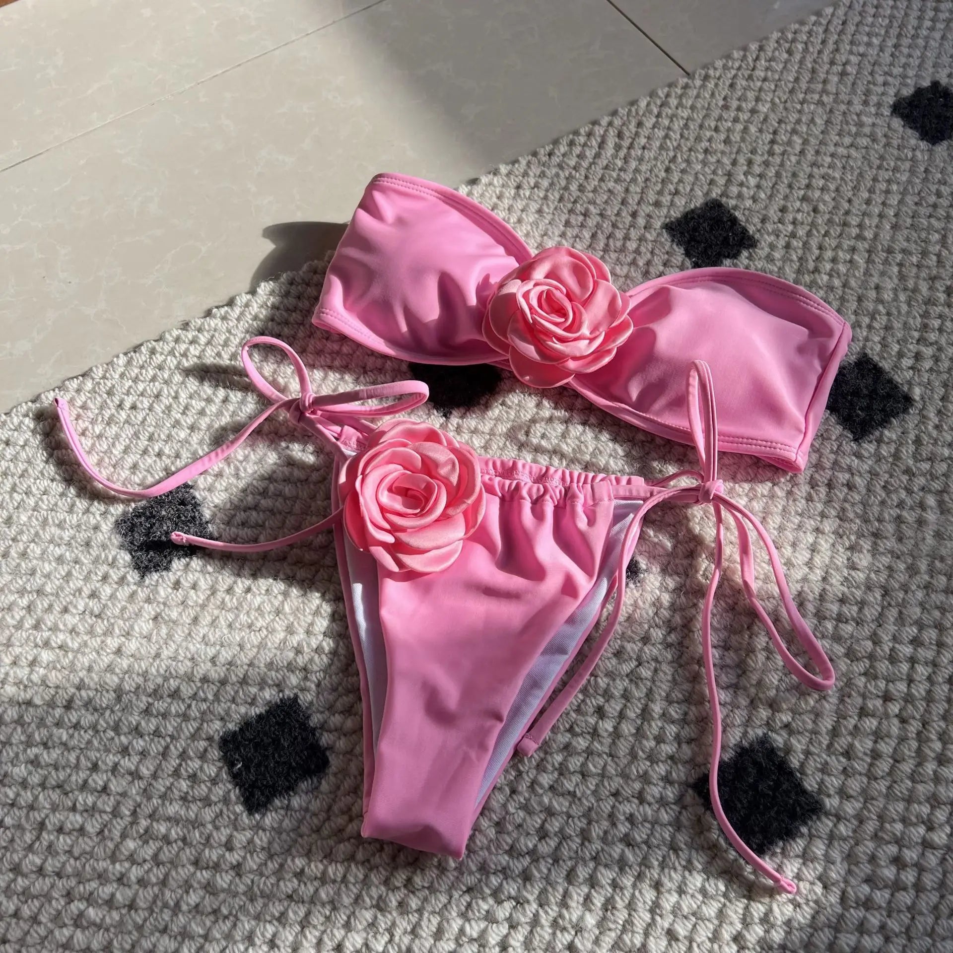 Swimwear- Flower Appliqué Bandeau Bra & Tie-Side Bikini 2 Piece Set for Women- Rose- IndioGear Fashion and Gear