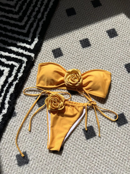 Swimwear- Flower Appliqué Bandeau Bra & Tie-Side Bikini 2 Piece Set for Women- Yellow- IndioGear Fashion and Gear