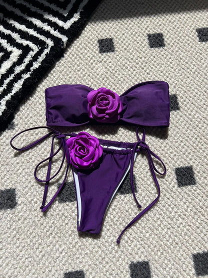 Swimwear- Flower Appliqué Bandeau Bra & Tie-Side Bikini 2 Piece Set for Women- Purple- IndioGear Fashion and Gear