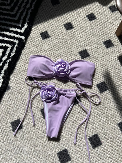 Swimwear- Flower Appliqué Bandeau Bra & Tie-Side Bikini 2 Piece Set for Women- Lilac- IndioGear Fashion and Gear