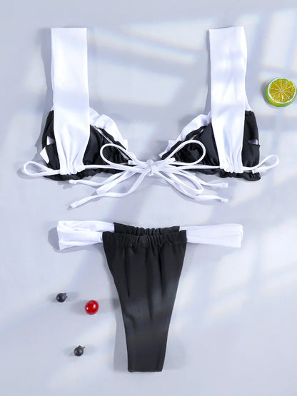 Swimwear- Bold Triangle Top Bikini with Contrast Frills- - IndioGear