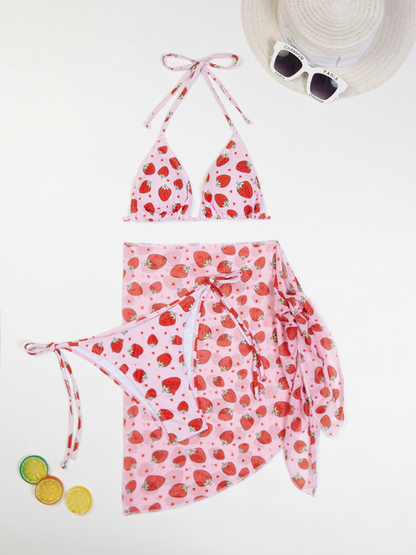 Swimwear- Fruity Print 3-Piece Bikini Set with Matching Cover-Up- - IndioGear.com