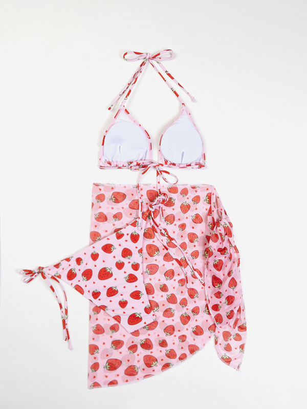 Swimwear- Fruity Print 3-Piece Bikini Set with Matching Cover-Up- - IndioGear.com