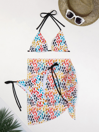 Swimwear- Fruity Print 3-Piece Bikini Set with Matching Cover-Up- Pattern3- IndioGear.com