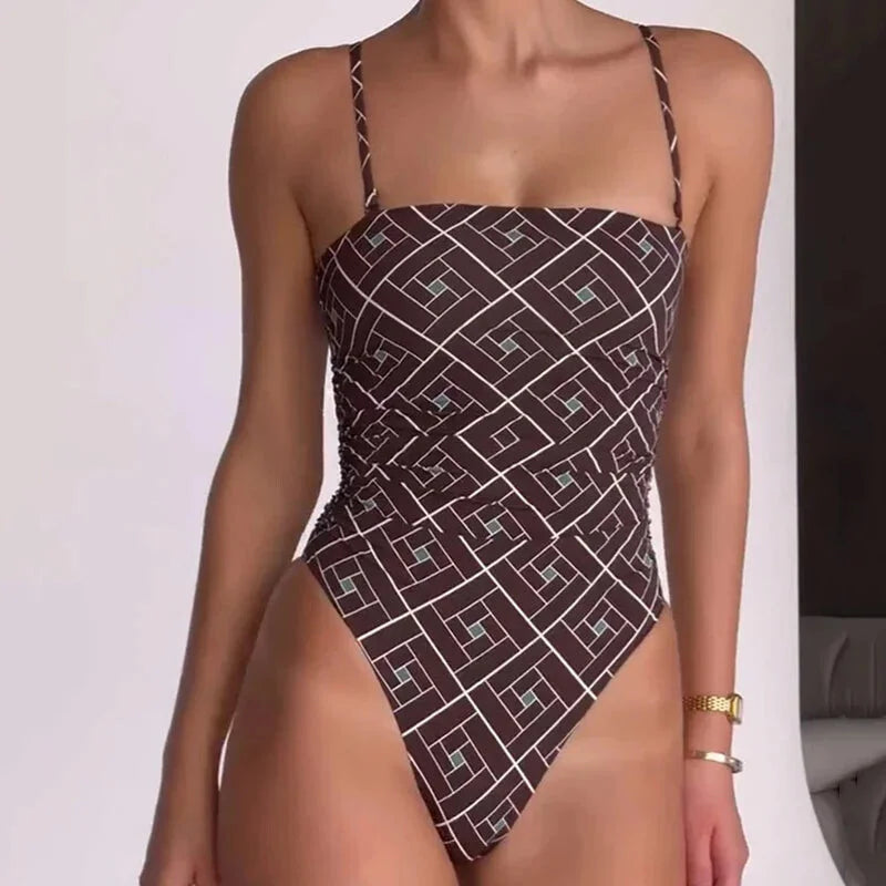 Swimwear- Geometric High Leg Swimwear One-Piece Quick-drying Swimsuit- Brown- IndioGear Women Clothing