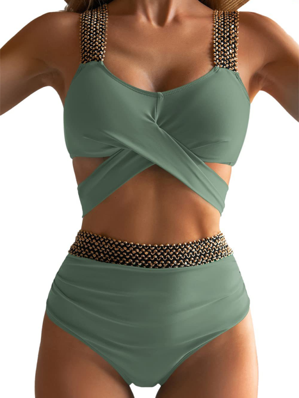 Swimwear- Golden Women's High-Waisted Bikini Set with Contrast Straps & Twist Bra- Green- IndioGear.com