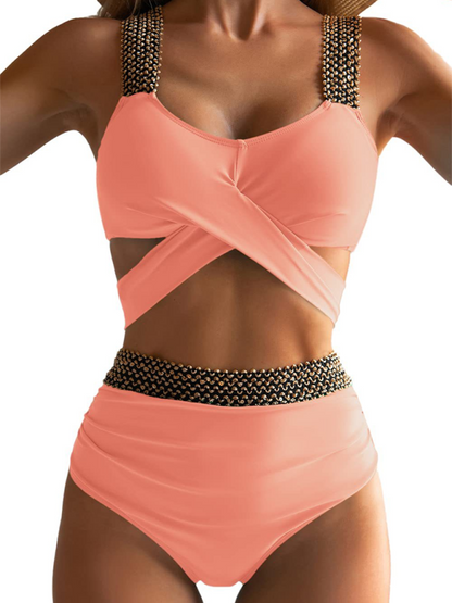 Swimwear- Golden Women's High-Waisted Bikini Set with Contrast Straps & Twist Bra- Lotus root Pink- IndioGear.com