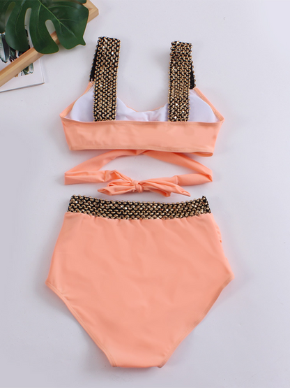 Swimwear- Golden Women's High-Waisted Bikini Set with Contrast Straps & Twist Bra- - IndioGear.com