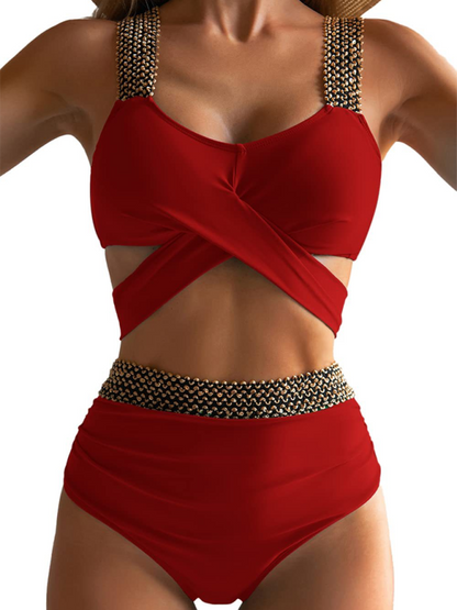 Swimwear- Golden Women's High-Waisted Bikini Set with Contrast Straps & Twist Bra- Red- IndioGear.com