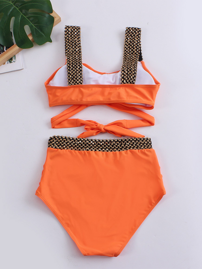 Swimwear- Golden Women's High-Waisted Bikini Set with Contrast Straps & Twist Bra- - IndioGear.com