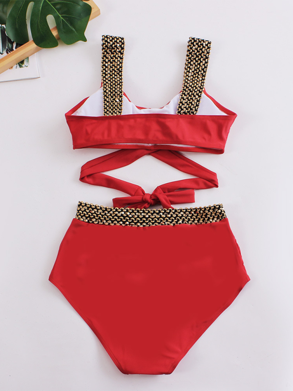 Swimwear- Golden Women's High-Waisted Bikini Set with Contrast Straps & Twist Bra- - IndioGear.com