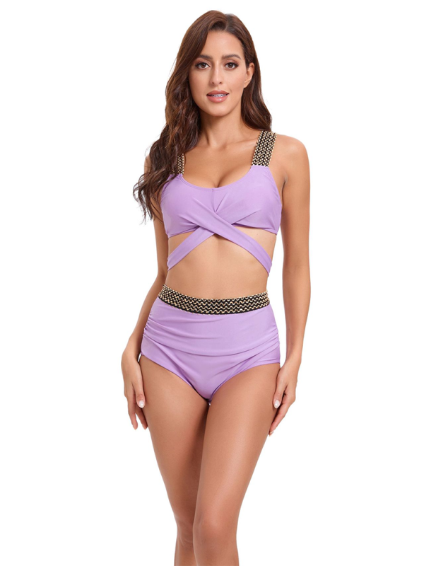 Swimwear- Golden Women's High-Waisted Bikini Set with Contrast Straps & Twist Bra- Lavender- IndioGear.com