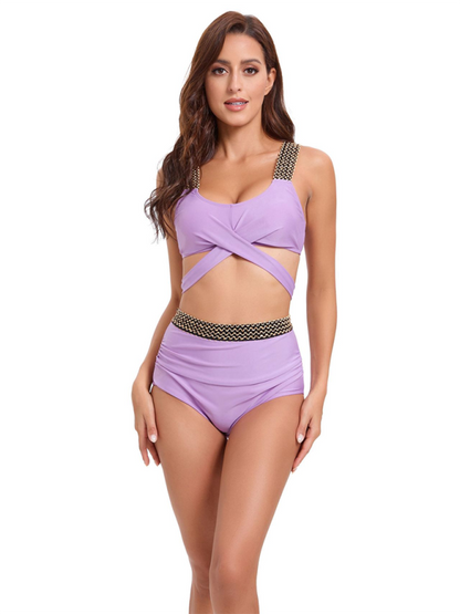 Swimwear- Golden Women's High-Waisted Bikini Set with Contrast Straps & Twist Bra- Lavender- IndioGear.com